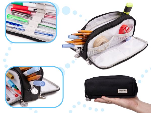 School pencil case triple sachet vanity case 3in1 black