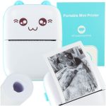Mini thermal label photo printer + USB cable cat blue