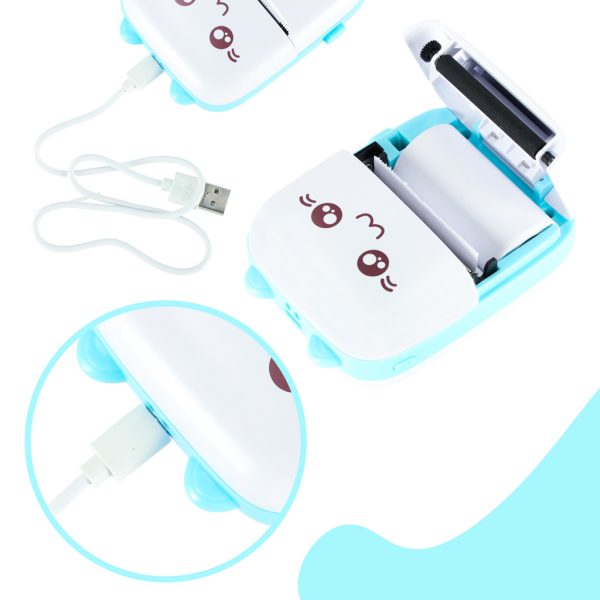 Mini thermal label photo printer + USB cable cat blue