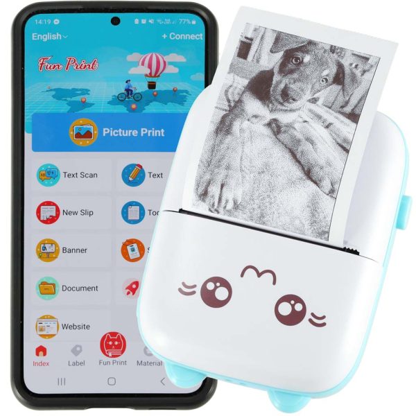 Mini thermal label photo printer + USB cable cat blue
