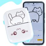 Mini thermal label photo printer + USB cable cat blue