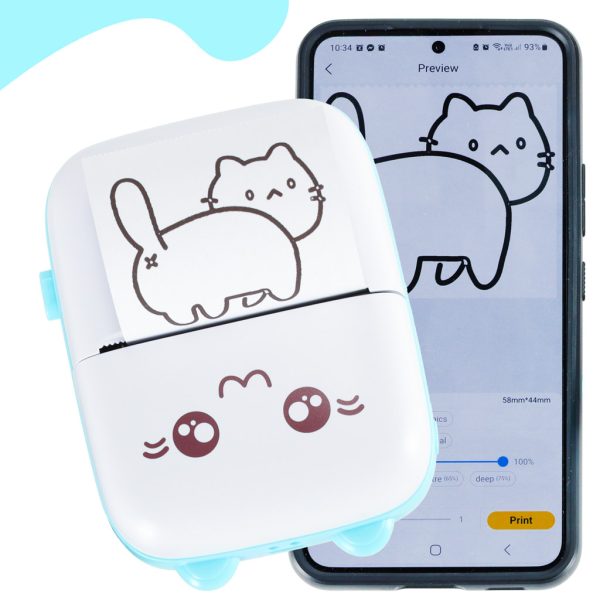 Mini thermal label photo printer + USB cable cat blue