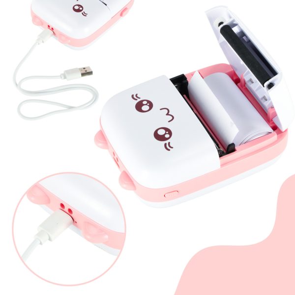 Mini thermal label photo printer + USB cable cat pink