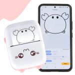 Mini thermal label photo printer + USB cable cat pink