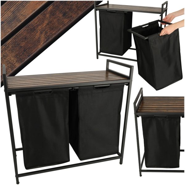 Two-compartment laundry basket with wooden table top shelf rustic LOFT