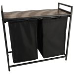 Two-compartment laundry basket with wooden table top shelf rustic LOFT