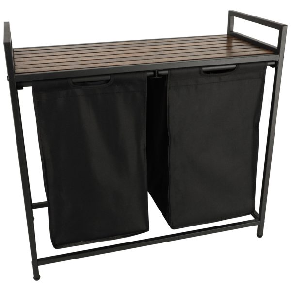 Two-compartment laundry basket with wooden table top shelf rustic LOFT