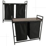 Two-compartment laundry basket with wooden table top shelf rustic LOFT