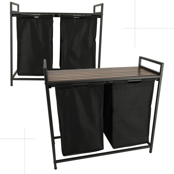 Two-compartment laundry basket with wooden table top shelf rustic LOFT