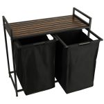 Two-compartment laundry basket with wooden table top shelf rustic LOFT