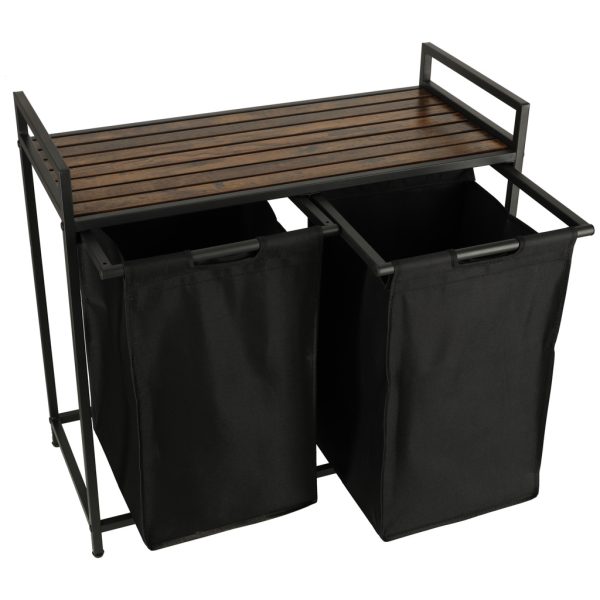 Two-compartment laundry basket with wooden table top shelf rustic LOFT