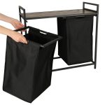 Two-compartment laundry basket with wooden table top shelf rustic LOFT