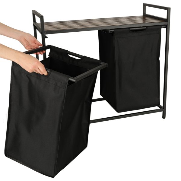 Two-compartment laundry basket with wooden table top shelf rustic LOFT