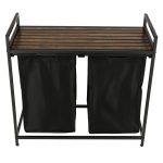 Two-compartment laundry basket with wooden table top shelf rustic LOFT
