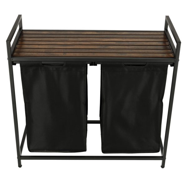Two-compartment laundry basket with wooden table top shelf rustic LOFT