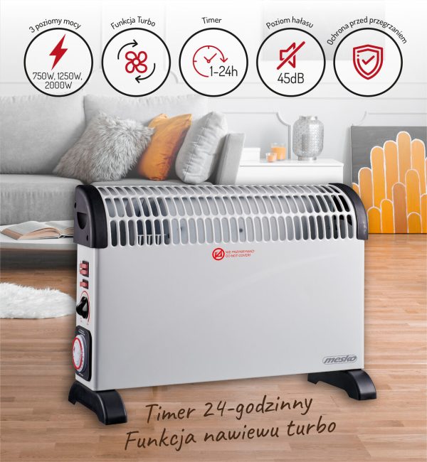 Mesko MS 7741w electric convector heater timer turbo fan thermostat <45dB 2000W