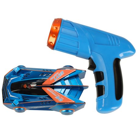 RC laser-controlled car driving on a wall on laser blue skinstars.lt
