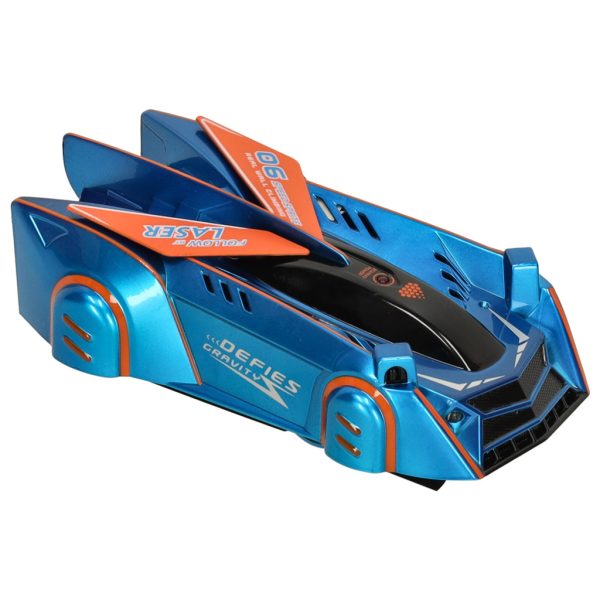 RC laser-controlled car driving on a wall on laser blue