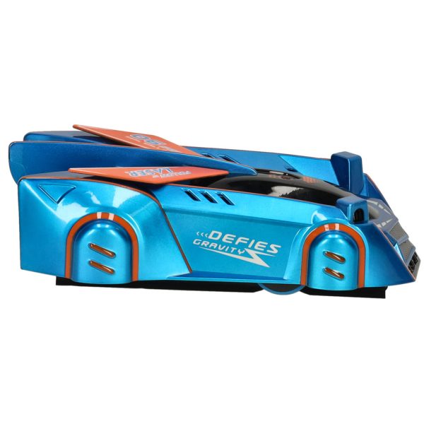 RC laser-controlled car driving on a wall on laser blue