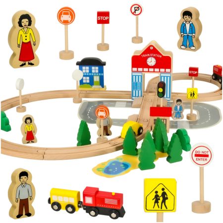 Wooden train locomotive railroad city 50pcs skinstars.lt