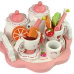 Wooden Tea Set Pink Flowers Pitcher Tray