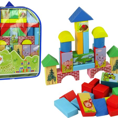 Set of Wooden Bricks with Animals Castle in a Backpack
