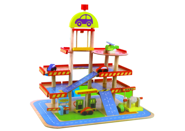 Wooden Double-Story Parking Lot Cars Accessories Set