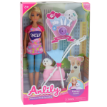 Anlily doll with a dog in a stroller bottles bowl bone apparatus
