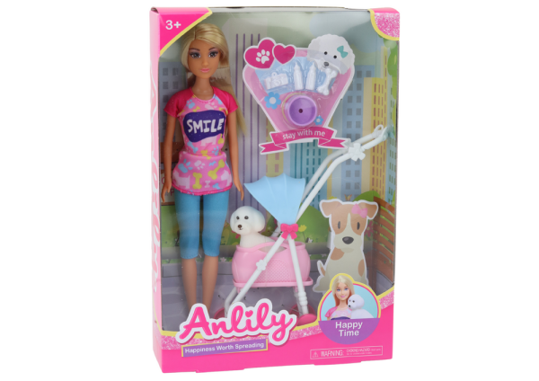 Anlily doll with a dog in a stroller bottles bowl bone apparatus