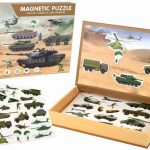 A set of educational magnetic puzzles with a land war motif