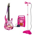 Pink electric guitar with microphone and amplifier