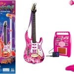 Pink electric guitar with microphone and amplifier