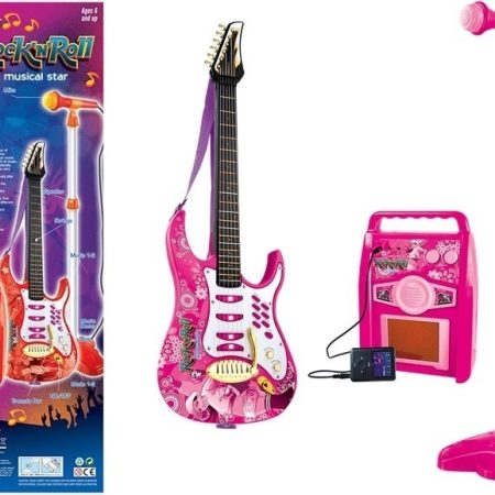 Pink electric guitar with microphone and amplifier