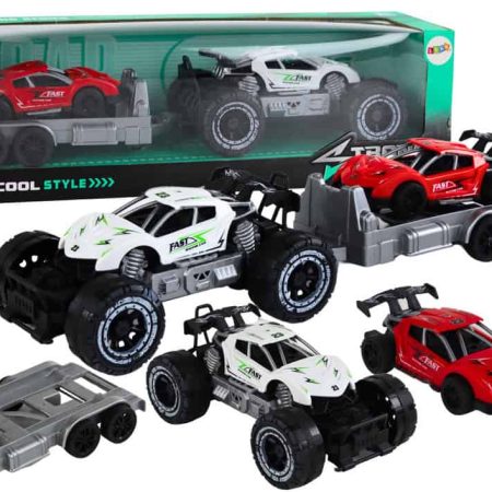 Set: White Off-Road Car, Red Sports Car, Tow Truck