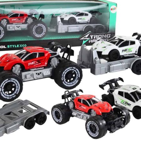 Set of Red Off-Road Car and White Sports Car Tow Truck