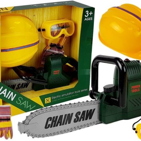 Set of tools, saw with batteries, helmet, gloves and safety glasses