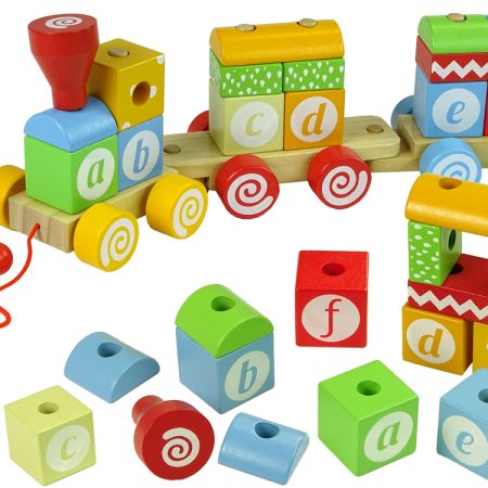 Wooden Train Locomotive Two Carriages Letters Shapes