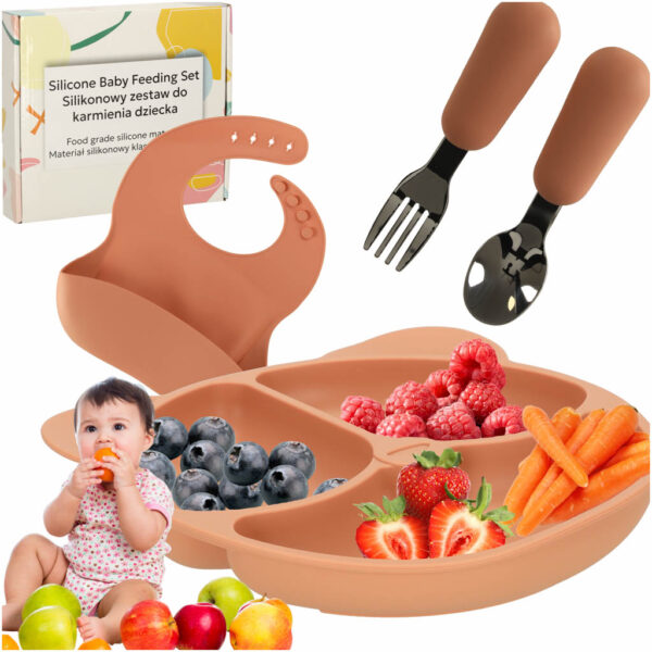 Silicone dishes for babies infant table set of 4 items orange teddy bear