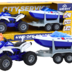 Police Quad with a trailer for transporting a boat and a motorboat