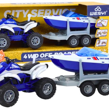 Police Quad with a trailer for transporting a boat and a motorboat