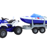 Police Quad with a trailer for transporting a boat and a motorboat