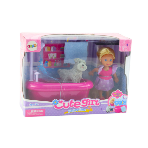 Mini Doll Set with Bathtub and White Dog Pink